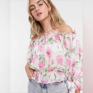 TOPSHOP Off-Shoulder Pink Floral Peasant Top SIZE 4